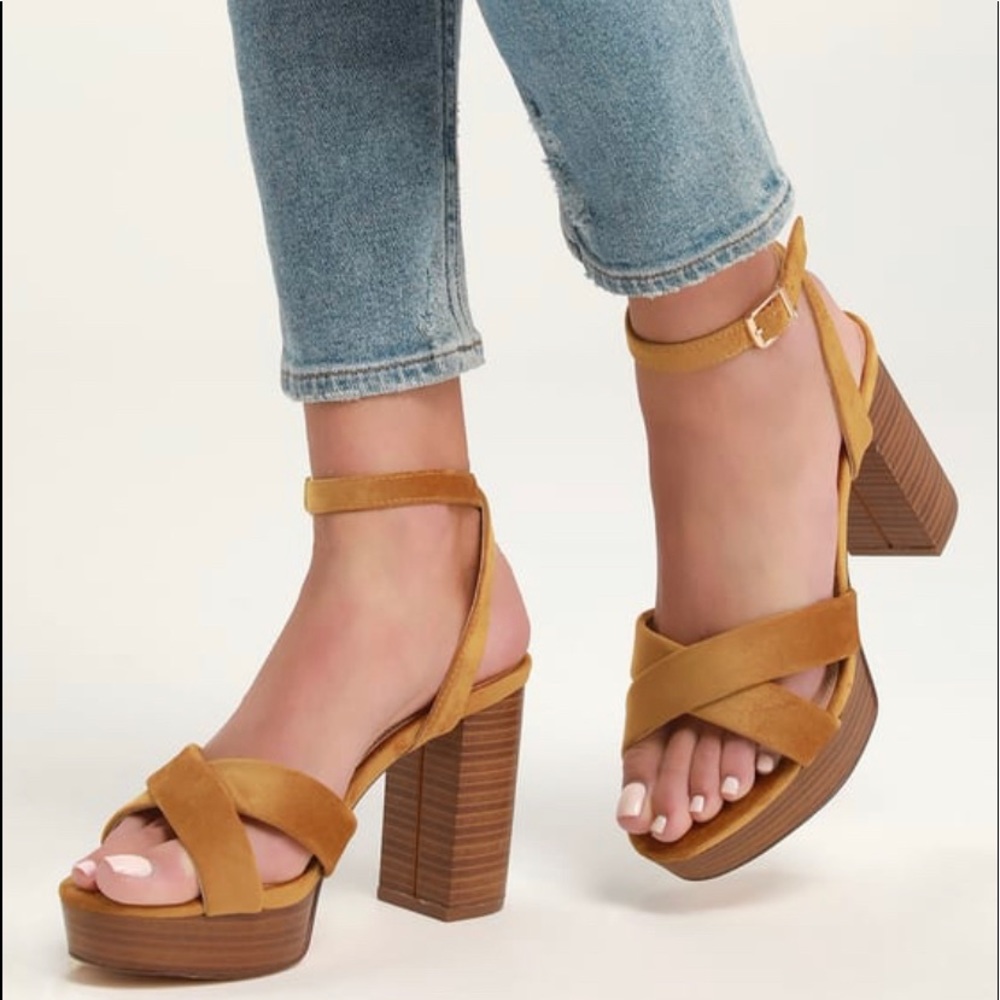 ‼️SOLD‼️Lulus Shae Mustard Velvet Platform Ankle Strap Heels
